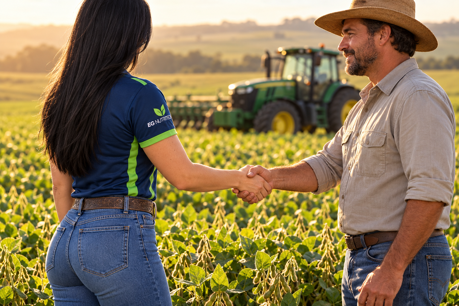Cena de compromisso da EG NUTRITECH: consultora de uniforme azul, vista de costas e de lado sem o rosto visível, apertando a mão de um produtor na lavoura de soja.