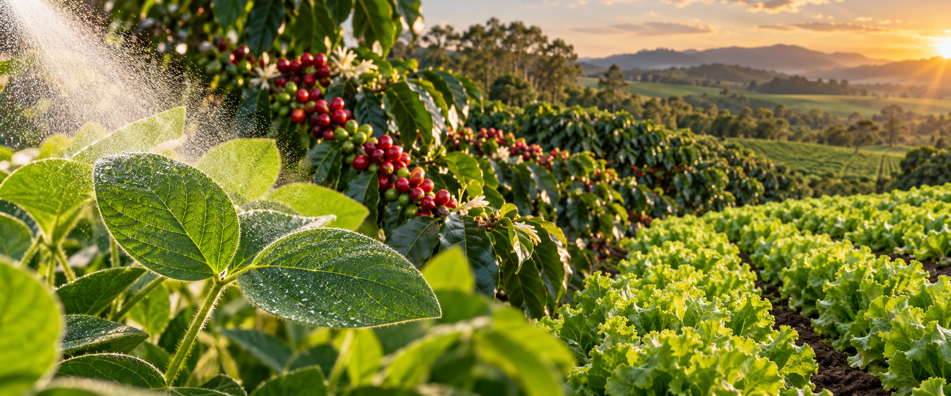 Composição de aplicação foliar com gotas sobre folhas de soja, cafezal e hortaliças.