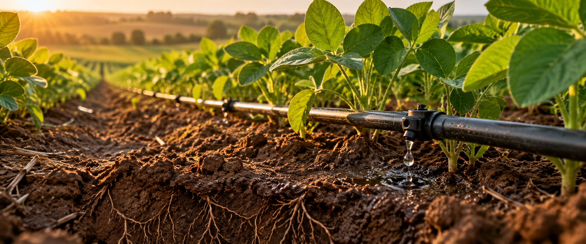 Composição de irrigação por gotejamento junto ao solo e às plantas de soja.