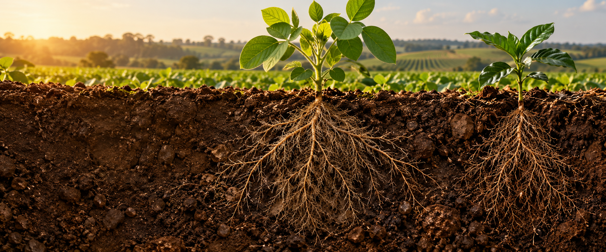 Imagem conceitual em corte do solo, mostrando a rizosfera e as raízes de plantas de soja e café.