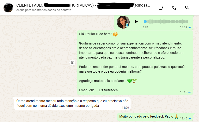 Mensagem original de Paulo sobre o atendimento
